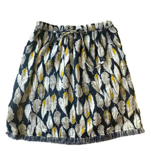 Skies Are Blue Skirt Navy with Feather Print Fringe Hem & Pockets Women’s Small